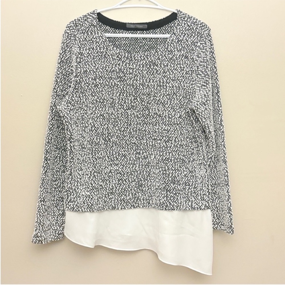 Suzy Black & White Popcorn Knit Sweater Asymmetrical Blouse Trim – Size XL EUC - Picture 3 of 14